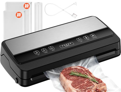 Acmeenjoy Macchina Sottovuoto Alimenti Professionale, 7 in 1 Macchina per Sottovuoto con Tubo/Taglierina Interna/Custodia Borsa, con 40 Sacchetti Sottovuoto e 28x600cm Rotoli Sacchetto