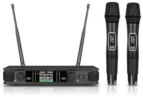 Dual Handheld Wireless Microphone Set, Cordless Professional Dual Set, Unidirectional Cardioid, Public and Home Use with AA Batteries Powered Microphones, 262Feet 20 Preset UHF Frequencies