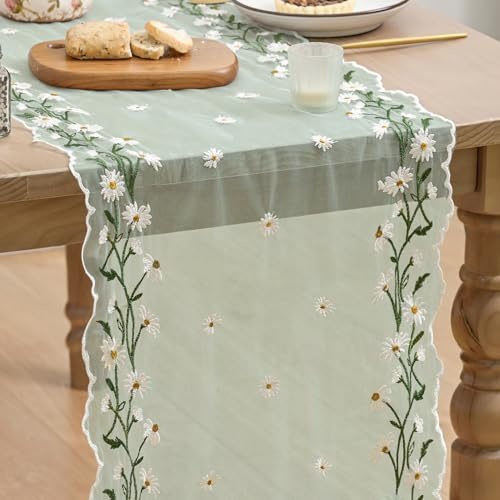 Artoid Mode Gänseblümchen Salbei Grün Tüll mit Stickerei Frühling Tischläufer 40x300 cm, Küche Tisch Dekoration Drinnen Urlaub Party Dekor