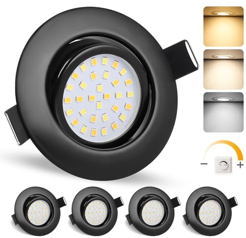 GeyouLux LED Einbaustrahler 230V IP44, 65-75mm EinbauØ Dimmbar Deckenspots | 6W 45° Schwenkbar Einbauleuchten 3000K Warmweiß 4000K Neutralweiß 6500K Kaltweiß Ultra Flach Einbauspots, 4er Set Schwarz