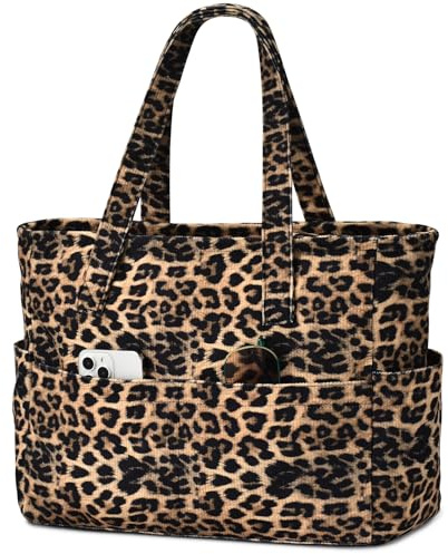 oscaurt Strandväska stor, 9 fickor strandväska XXL familj med dragkedja, shopper-väska damer bärväska vattentät resväska badväska simväska, Manchestergul leopard, Mittelgroß
