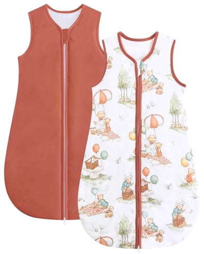 JiAmy 1.0 TOG Baby Schlafsack aus Baumwolle 2er Pack, Unisex Babyschlafsack ohne Ärmel für Neugeborene & Babys Orange Bär 6-12 Monate
