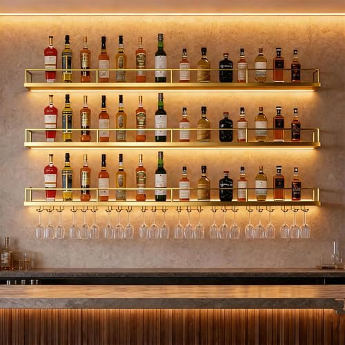 140cm Wall Mounted Wine Rack with LED Light & Glasses Holders, 3 Tiers Bar Wine Display Rack, Sturdy Metal Frame,Hanging Wine Bottle Storage Organizer,for Home Bar, Kitchen, Restaurant (gold, 140cm)