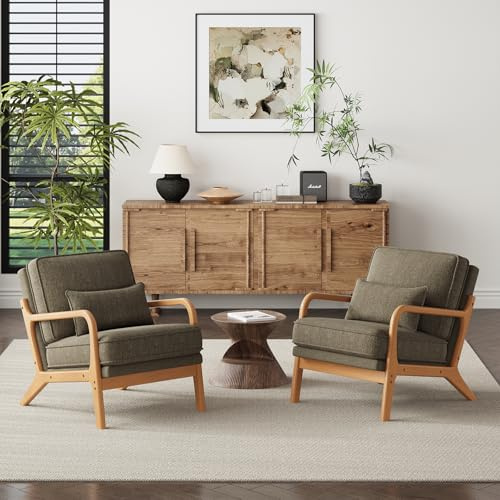MALOL Accent Chair Set of 2 with Solid Wood Frame, Mid-Century Relaxing Armchair Lumbar Pillow& Soft Cushion, Reading Leisure Chair for Living Room, Bedroom, Waiting Room-Green