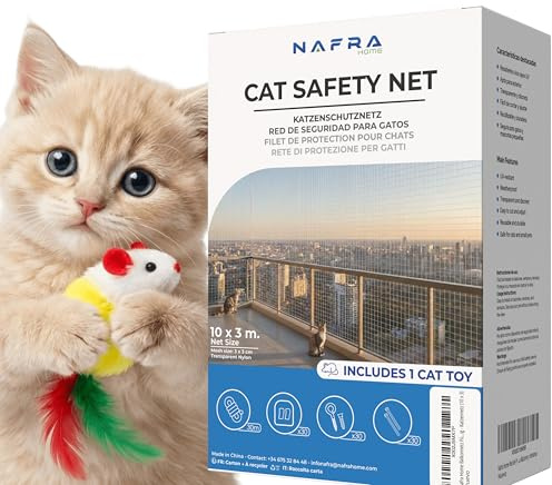 Nafra Home Kattnät terrass, nät katter, transparent fönster med installationssats, nät för katter, balkong utan borrning, katttillbehör, säker och robust (10 x 3)