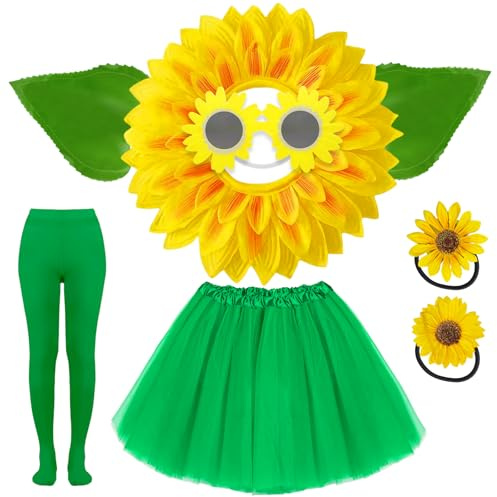 shengo Costume de tournesol pour femme - 46 cm - Couvre-chef, feuilles, gants, fleurs - Collants verts - Jupe tutu - Lunettes de marguerite - Halloween