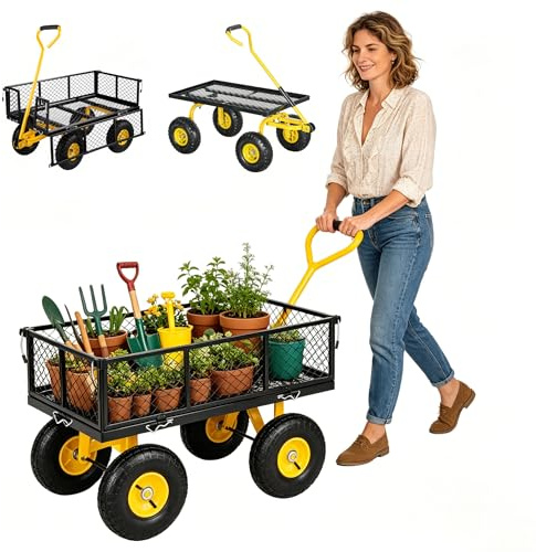 RRrawgff Chariot de Jardin, Charge 408 kg - Chariot Utilitaire d'extérieur en Acier Robuste - Panneaux latéraux Amovibles et Pneus en Caoutchouc de 25 cm, pour Le Transport