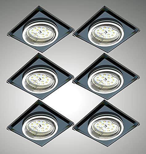 Trango 6er Set Design LED Einbaustrahler 6736S-06GUSD Deckenspots Einbauleuchten Deckenstrahler Einbauspots aus schwarzem Glas & Alu inkl. 3-Stufen dimmbare 5 Watt GU10 LED Leuchtmittel