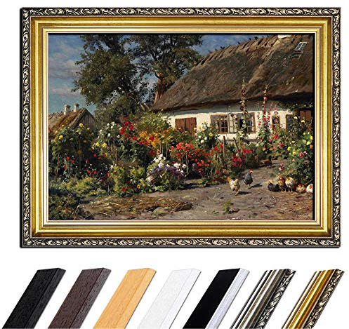 Bilderdepot24 Bild mit Rahmen - Peder Mork Mönsted Ein Bauerngarten mit Hühnern 80x60 cm - Gerahmtes Leinwandbild Alte Meister - Antiker Rahmen Gold Barock, Klassisch