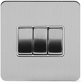 Soho Lighting Brushed Chrome Flat Plate 3 Gang Intermediate Light Switch White Insert Screwless
