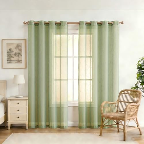 Randall Sage Green Faux Linen Sheer Curtain with 8 Metal Grommets Open Weave Window Treatment Drape for Living Room & Bedroom,Modern Privacy & Light Filtering & Light Drapes Curtains 2 Panels, 84Inch