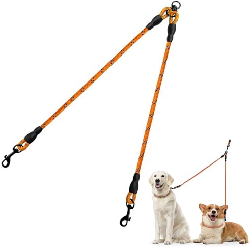 Taglory Dubbel hundkoppel, hundblydelare för två hundar inget trassel, bergsklättring rep ledningar, passar valp små medelstora hundar, 76 cm orange