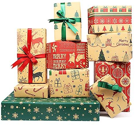 Weihnachts-Kraftpapier, 20 Blatt Weihnachten gefaltetes Geschenkpapier mit/Bändern, Karten und Aufklebern 20 x 28 Zoll Premium recycelbare Weihnachtsgeschenkverpackung für jeden Anlass