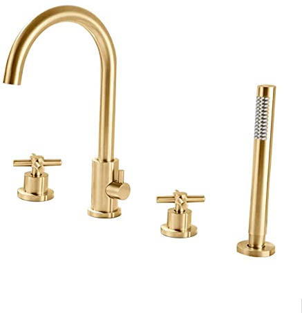 4-Loch Wannenrandarmatur Wannenkombination Wannenarmatur Kupfer Kalt und Kalt Multifunktions Badewannenarmatur Wannenfüllarmatur Wannenarmatur 360 Dreh -Gebürstet Gold