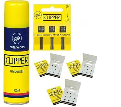 Clipper Gas Gelb White Pure 100ml 250ml 300ml 1er/2er/6erSet Isobutane Universal Flintsystem Feuersteine (7, Gas100ml/3Flints/3Feuerstein)