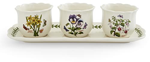 Portmeirion - Botanic Garden Bouquet Collection - Kräutertopf Set mit Tablett - Indoor Kräuter-Pflanztöpfe Caddy für Küche Fensterbank - 4-teiliges Set | Kräutertopf-Set zum Pflanzen und Präsentieren von Kräutern, 4-teiliges Set, je 230 ml, gewellte Kanten, Dolomit-Konstruktion