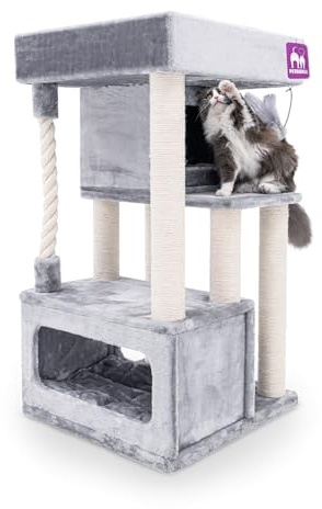 Petrebels Kratzbaum Stabil, ideal für Senioren, Lodge 107 cm, Grau | waschbaren Kissen, Ø 9 cm Stämme, leicht zu erklimmen, mit 2 Schlafhöhlen, XXL Liegekorb, Natursisal-Stämmen & Spielseil