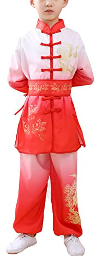 Libaobaoyo Kids Martial Arts Uniform Kung Fu Suit Taichi Performance Clothing Set with Belt for Boys Girls (Red, 11-12 Years)