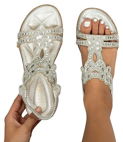 Générique Sandales Femmes Habillées D'été Plat Strass Fleur en Cuir Bohème Sandales T-Strap Élastique Bride À La Cheville Bout Ouvert Chaussures De Plage Cristal Floral Casual Chaussures (Argent, 40)