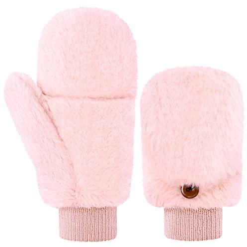 Geyoga Damen Fäustlinge Pelz Winter Handschuhe Warme Kunstpelz Handschuhe mit Flip Weiche Fell Fingerlose Handschuhe (Rosa)