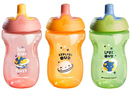 Tommee Tippee Sportee Water Bottle, for 12m+, 10oz, Pack of 3 Non-Spill Sippy Cups for Toddlers, Pink, Green and Orange, with Bite-Resistant Spout, Easy-Hold and BPA Free