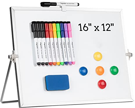 Dry Erase White Board, Cazeyoo Magnetic Desktop Whiteboard 16 x 12inch with Stand, 10 Markers, 4 Magnets and 1 Eraser, Portable Double-Sided White Board for Kids Drawing, Office, Home, School
