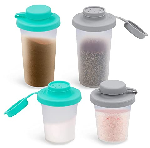 Sophico Small Salt and Pepper Shakers Set with Moisture Proof Sinlicone Lids, 4.5oz Mini Spice Shaker to go for Camping Travel Picnic Lunch Boxes (Mint & Grey, Medium & Large)