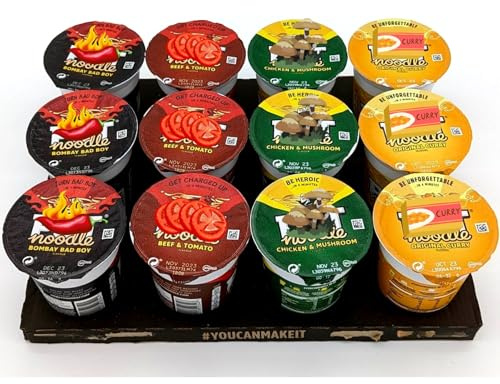 Fancy Labels Noodles Multipack of 12 With 3x Pot Noodle Beef and Tomato, Chicken & Mushroom, Original Curry, Bombay Bad Boy - Quick Easy Ready Meals Snacks, 1.0 count