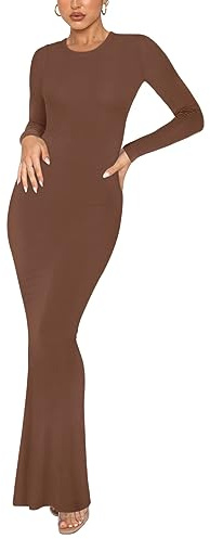 REORIA Women's Sexy Crew Neck Lounge Long Dress Elegant Long Sleeve Ribbed Bodycon Maxi Dresses