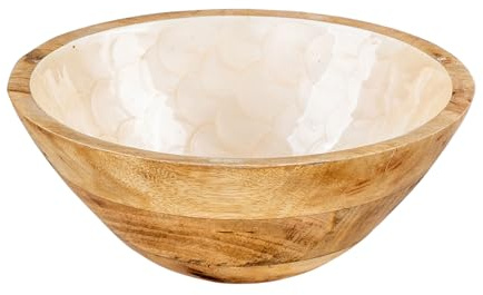 levandeo Schüssel 21cm Mango Holz Creme Perlmutt Emaille Schale Bowl Salatschüssel Deko Servierplatte Tischdeko Dekoration