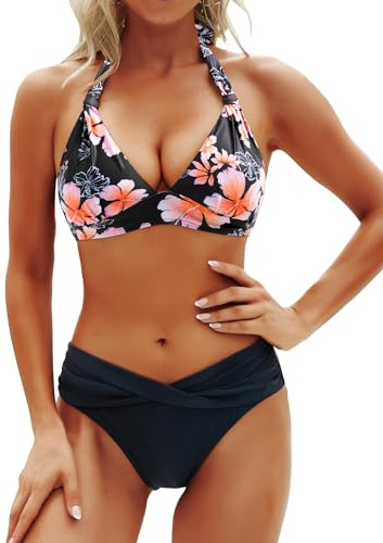 Yonique Zweiteiliger Damen-Badeanzug, Push-Up-Bikini-Set, Neckholder, Vintage-Bademode, Rosa Pfirsichblüte, Large