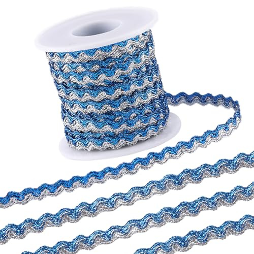 GORGECRAFT 15mX5mm Rick Rack Trim Cinta Ondulada de Dos Colores Borde de Flecos Doblados Brillantes Azul Astilla Trenza de Alambre Metálico Borde Ondulado Flecos de Cinta Tejida de Encaje