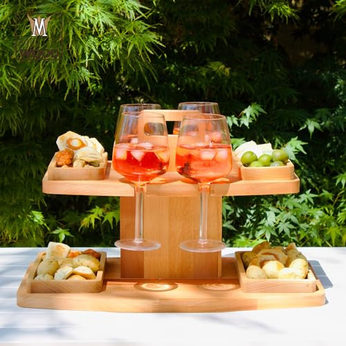 Bandeja de aperitivo con 2 estantes, 4 cuencos extraíbles, 4 espacios portavasos, madera 100% haya, tabla de aperitivo para barcos transportable, 50 x 30 x 30 cm, producto fabricado en Italia