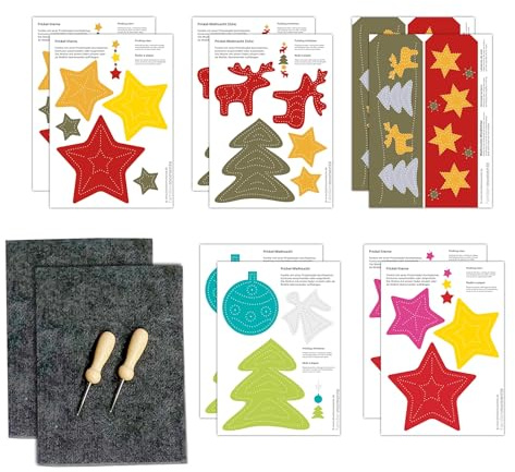 Familienmomente Maxi-Bastelset zum Prickeln Weihnachten, 10 Vorlagen (2x Weihnachts-Windlichter, 2x Elche, 2x 5 Sterne, 2x Engel, 2x 3 Sterne) DIN A5, 2x Prickelfilz, 2x Prickelnadel