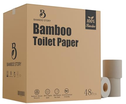48 Bulk Premium ungebleichtes Bambus-Toilettenpapier, pflanzlich, PFA-frei, 3-lagig und 300 Blatt, FSC-zertifiziert, Bio-Braun, chlorfrei, plastikfrei, BPA-frei, septisches Toilettenpapier (48)