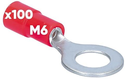 Kalitec 100x Ringkabelschuh M6 Rot, 0,5-1mm² Teilisoliert Kupfer Kabelschuh | PVC Kragen Kabelverbinder für sichere Verbindungen, Quetschkabelschuh Set für KFZ, HiFi und Elektroinstallationen