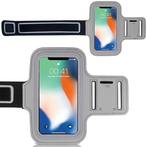Gadget Giant Soporte para teléfono con brazalete para correr para Apple iPhone 15/15 Pro/14/14 Pro/13/13 mini/13 Pro/12/12 mini/12 Pro/SE (2022)/SE (2020)/11 Pro/X/XS (gris)