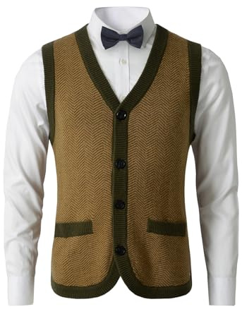 Mens Sweater Vest Solido Maglia Leggero Cardigan Termico, DXL Grande e Alto Gilet_Olive-Brown_X-Large