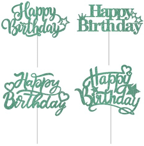 KOSTOO 20Pcs Happy Birthday Cake Toppers, Glitter Birthday Cake Topper Cupcake Topper Cake Decorations Supplies, Single Sided Glitter with Environmentally Friendly Paper Stick (Green)