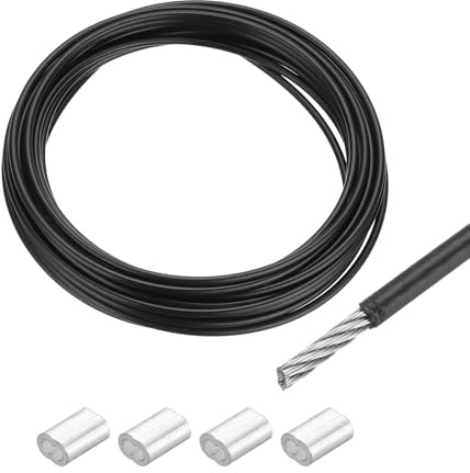 QUARKZMAN Drahtseil Edelstahl 20M x 2,5 mm Stahlseil PVC ummantelt mit 4 Aluminiumhülsen Sicherungsdraht Aufhänger für Bilder Vorhang Geländer Outdoor Gartenmöbel Sonnensegel, Schwarz