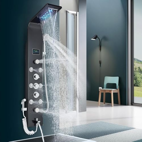 Pommeau de Douche Haute Pression, Pommeau de Duche Economie Deau avec Tuyau Douche 1.45M et Support de Douche, Pommeau Douche Anti Calcaire 4 Modes Réglables avec Bouton D'arrêt D'eau, Gris