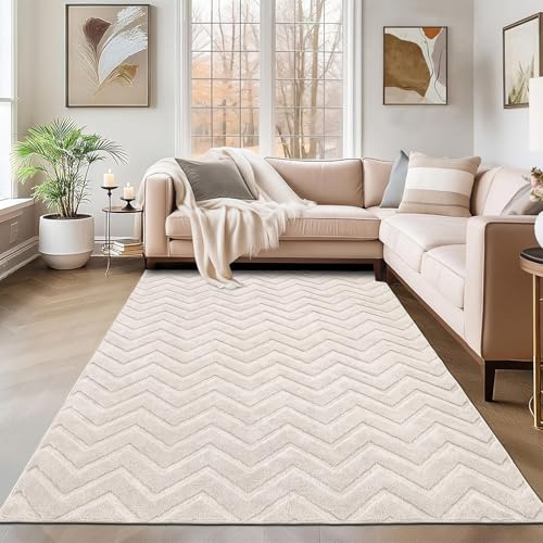 SHACOS Waschbarer Teppich Wohnzimmer Kurzflor, Weicher Teppich Modern Wohnzimmerteppich mit 3D Effekt, rutschfeste Teppiche für Schlafzimmer, Esszimmer, Beige, 120 x 160 cm