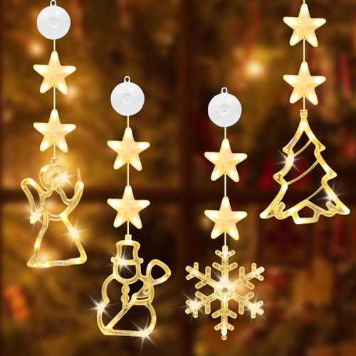 Juego de 4 luces LED navideñas, ventosa LED, luces de Navidad, luces de Navidad, iluminación de ventana, iluminación de Navidad, luces LED para decoración de Navidad, balcón, fiesta