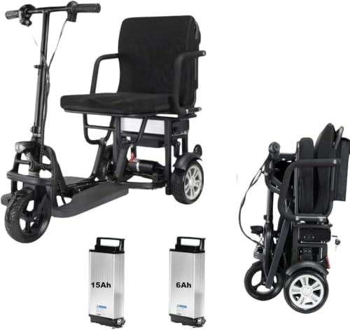 Folding Mobility Aid for Seniors & Adults, Foldable 3 Wheel Mobility Vehicle, Removable Long Range Battery, Rear Bag, Lightweight, 2 Batteries Included 15Ah and 6Ah