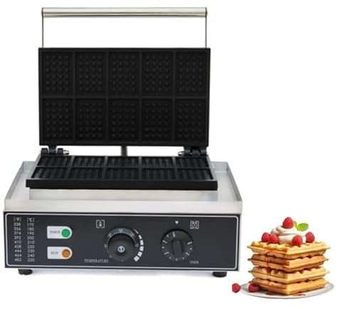 Gofrera rectangular, 1500 W, 10 unidades, 8 x 5 x 1,4 cm, tostadora, doble con temporizador y 50-300 °C, carcasa de acero inoxidable, revestimiento antiadherente, waffle para el hogar