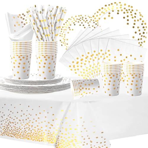 Party Supplies,White Gold Party Tableware Set(16 Guests) | Birthday Decorations Contain Plates Tablecloth Cups Napkins Paper Straws for Baby Shower Birthday Wedding Partys Anniversary