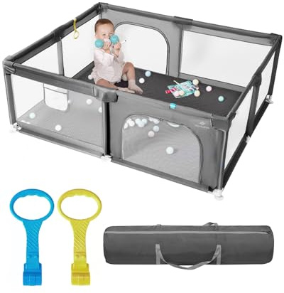 Baby Playpen with Soft Mat – Extra Large Baby Play Yard for Toddlers, Indoor & Outdoor Safe Play Area with Anti-Slip Base, Easy Assembly & Storage, BPA-Free (150x180x66cm,Grey)