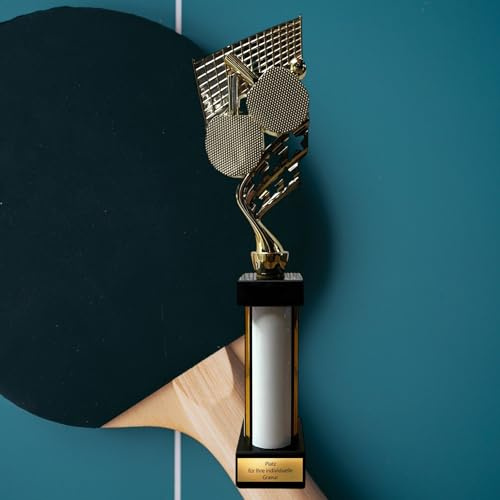 eberix · Tischtennis Pokal · mit Wunschgravur · Trophäe mit weißer Glanzsäule · Siegerpokal für Tischtennisturnier, Schulmeisterschaft, Verein, Jugendturnier · personalisierbar ·