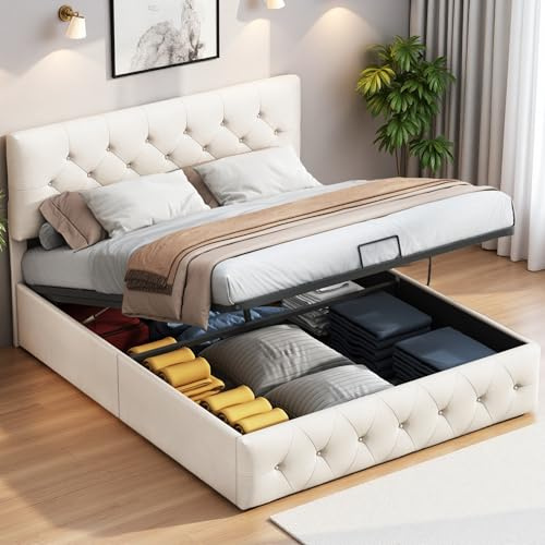 JYNVO Bett 140x200 cm, Polsterbett mit Stauraum, Bett mit Stauraum, Hydraulisches Stauraumbett, mit Bettkasten, Lattenrost, Beige, Samt, ohne Matratze