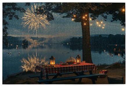1000 Piece Picnic Puzzle for Adults – Fireworks Over Lake with Table Lanterns and String Lights, Cozy Outdoor Evening Scene